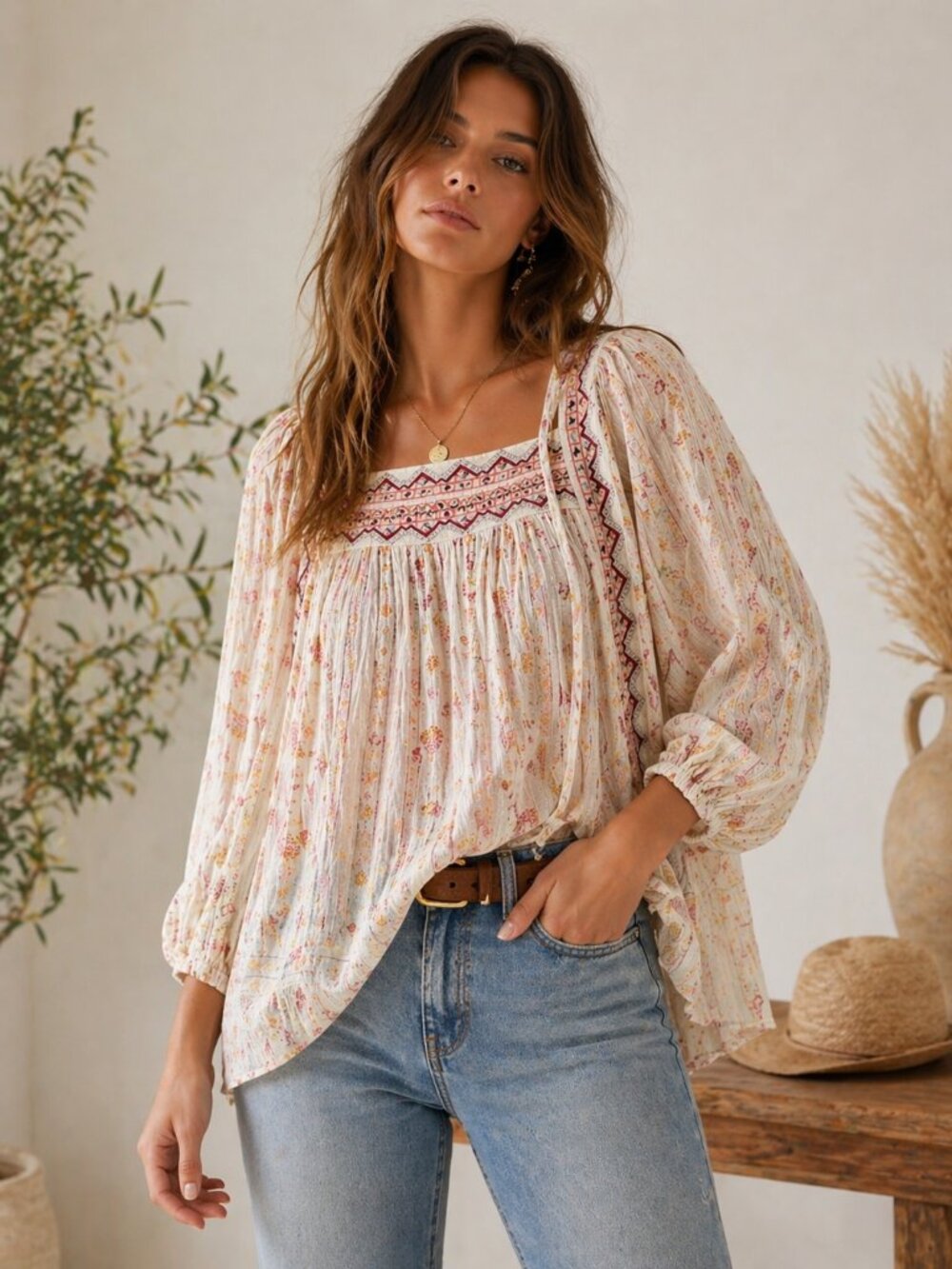 Free People Boho Tunic Top Size L NWT Ivory Floral Embroidered Peasant Blouse